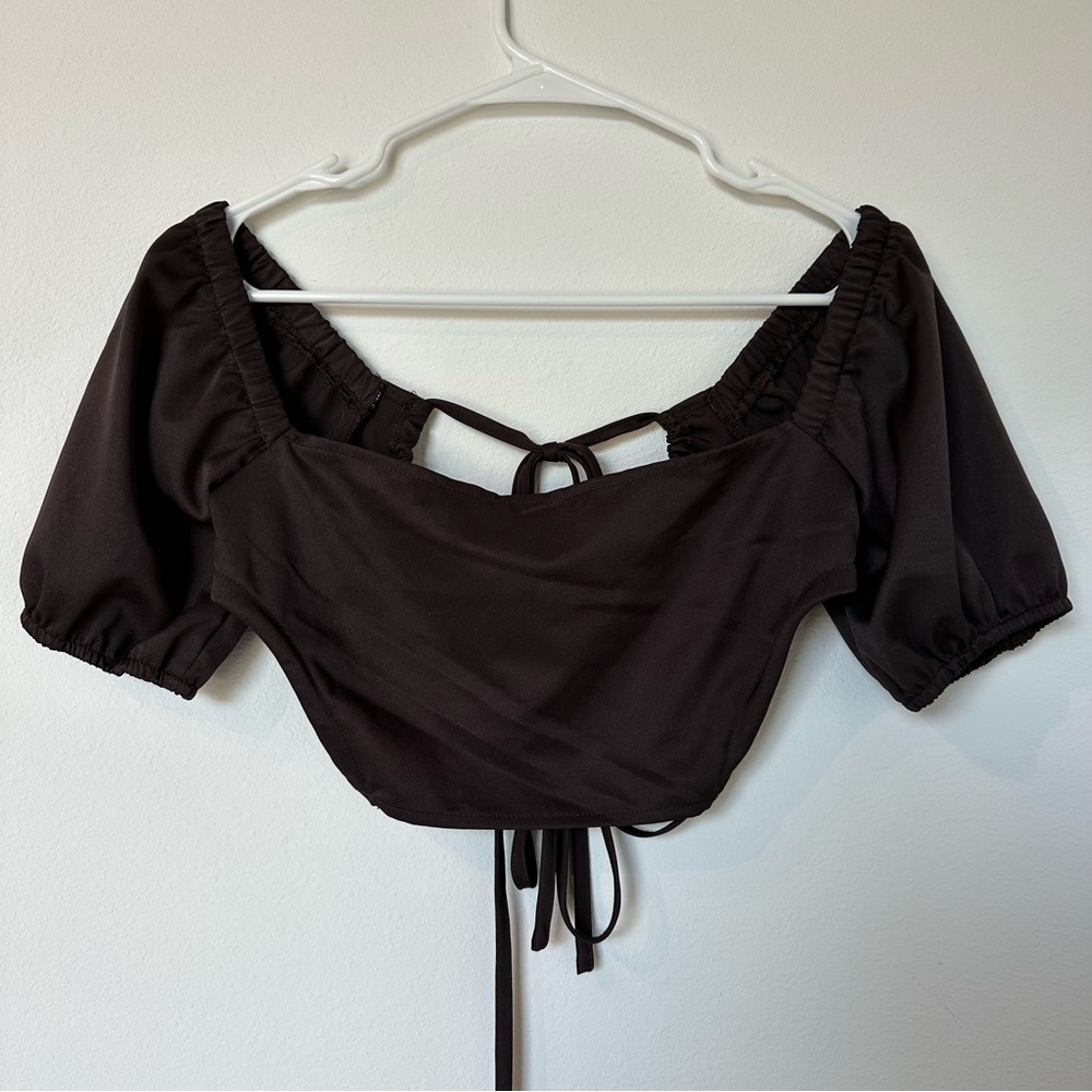 Brown Balloon Sleeve Crop Top